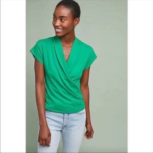 Maeve by Anthropologie Kelly Green Faux Wrap Shirt Top Size Small
